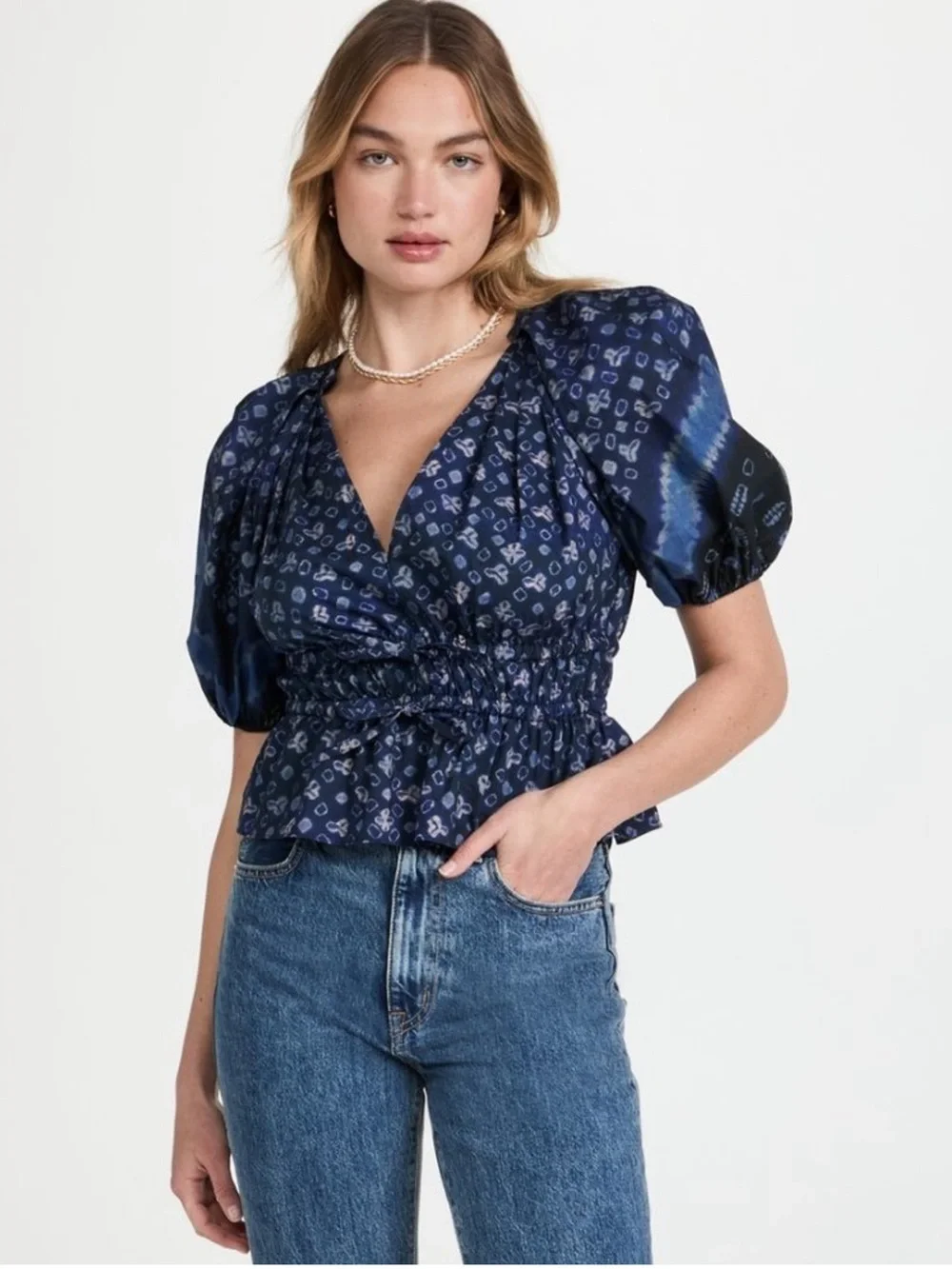 Ulla Johnson Ines Navy Printed Puff-Sleeve Wrap Blouse